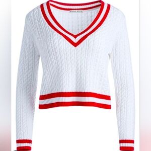 Alice + Olivia White and Red V-Neck Sweater